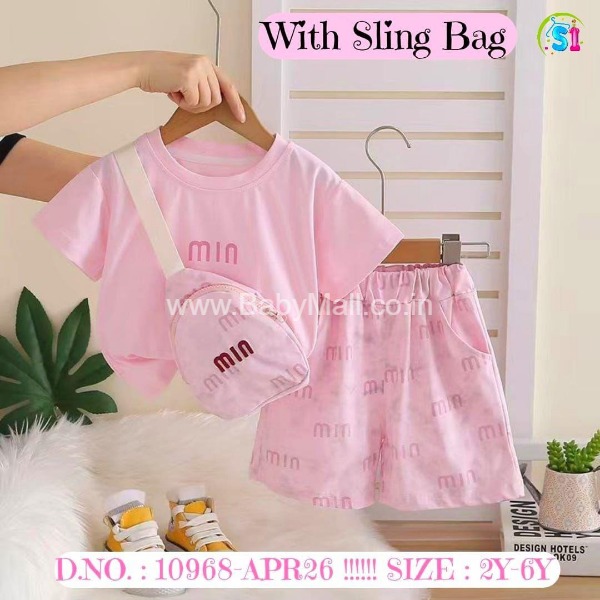 Fashion Happyiness || Min Baby Pink 2 Pcs Set With Sling Bag For Girl Short And Top Light Pink || 2 To 6 Year 10968